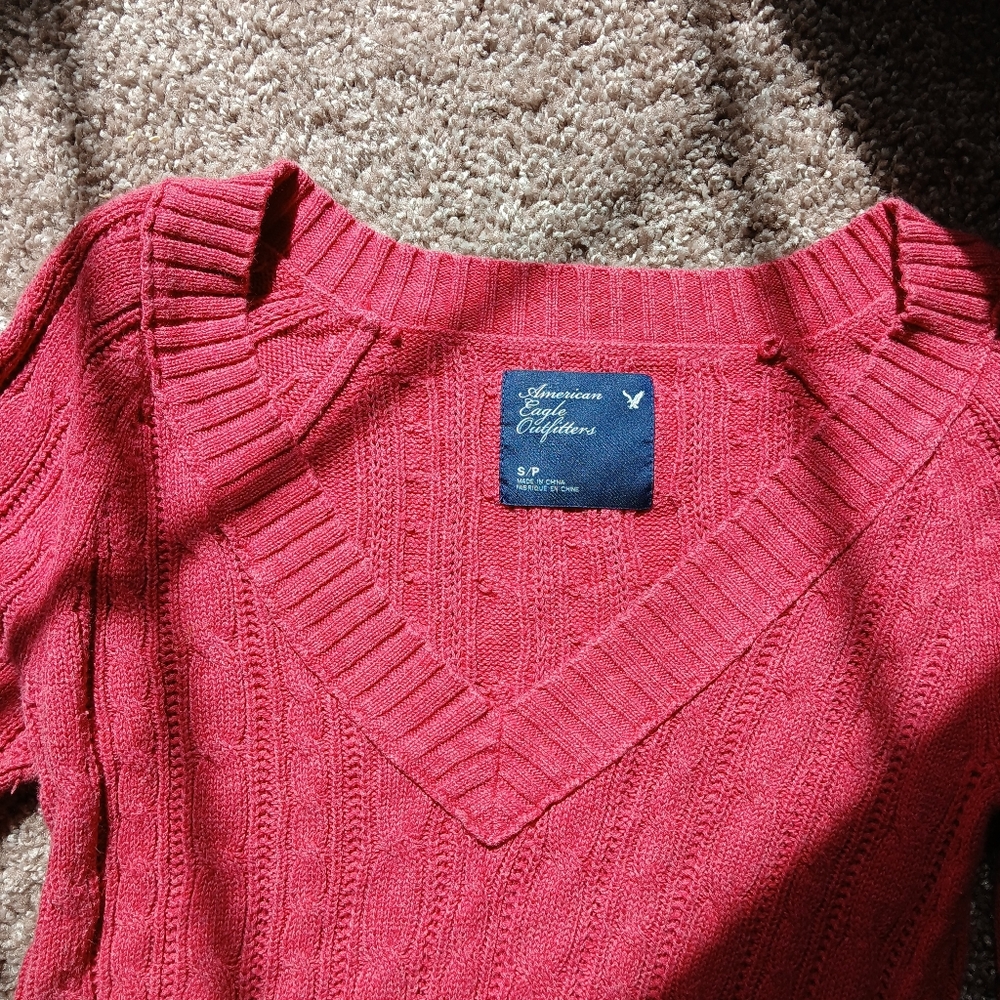 Y2K American Eagle Pink Cable Knit V Neck Sweater - Picture 6 of 7